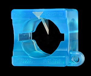 A blue plastic object with a hole in it.