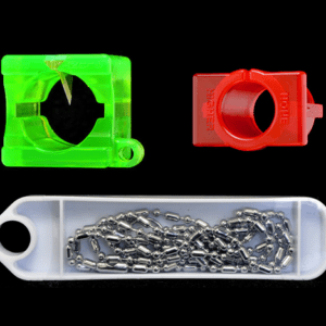 A set of three different colored clips and a container.